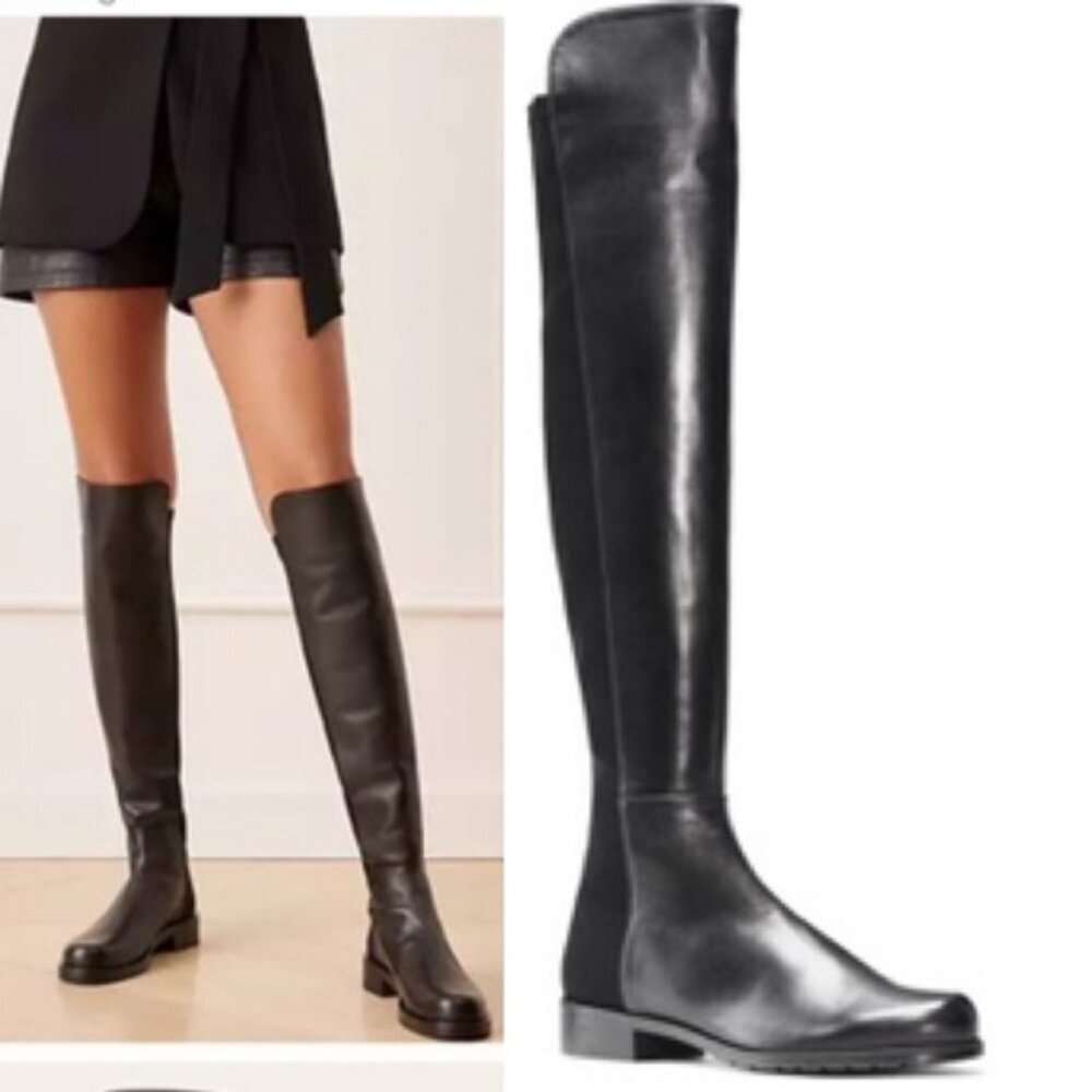 STUART WEITZMAN 5050 Leather OverThe Knee Boots Stretch Tall Block Heel Minimal
